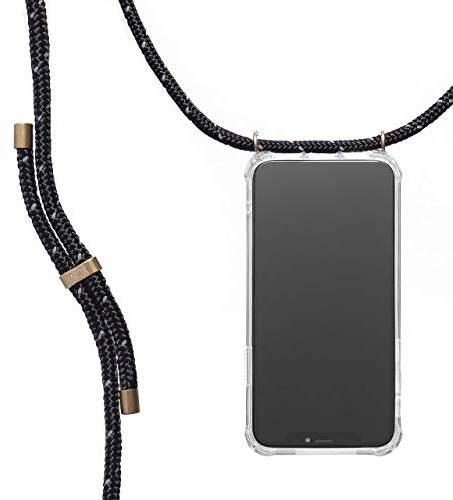KNOK Premium Handykette für Apple iPhone 11 Pro, Reflektiertes Schwarz | Silikonhülle mit fest verbundener Kordel zum Umhängen, transparent, stoßfest, ideal für Festival, Konzert oder Alltag, robust