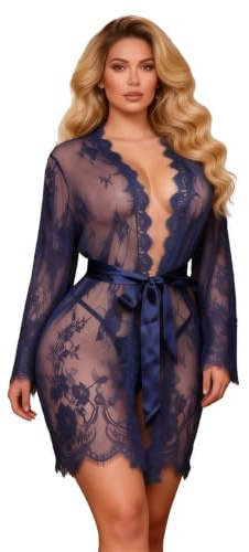 ohyeahlady Womens Sexy Lingerie Set Plus Size Babydoll Nightwear Kimono Dressing Gown Lace Robe with G-String,Belt, Size XS-6XL(Blue, UK 20-22)
