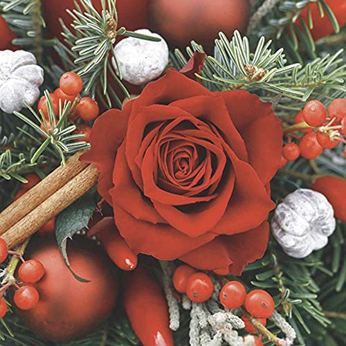 linoows 20 Servietten Weihnachten, Rote Rosen mit Tanne, Brunia und Zimtstangen 33x33 cm