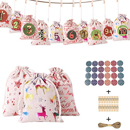 24 Stücke Weihnachten Adventskalender Zum Befüllen Stoff Jutesäckchen Adventskalender 2020 für Kinder Männer Stoffbeutel Adventskalender Zum Befüllen Groß Geschenktüten Tüten (Mehrfarbig 1, 24 pcs)