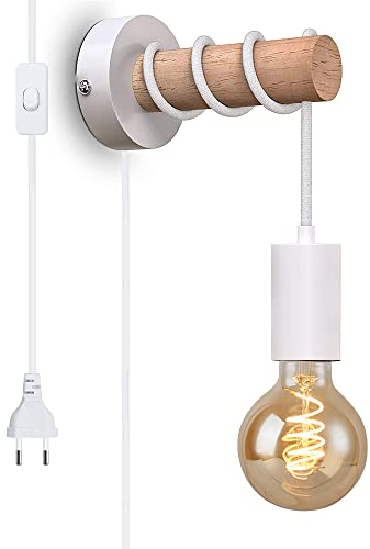 Wandleuchte Innen Vintage Wandlampe Industrial Retro Lampe E27 Aus Metall Und Holz Mit Schalter Kabel Und Stecker Für Treppenhaus Schlafzimmer Restaurant Wohnzimmer (Ohne Leuchtmittel) (Weiß)