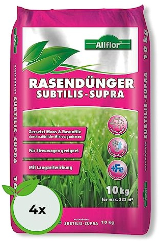 Allflor Rasendünger Suptilis-Supra I Zersetzt Moos und Rasenfilz I Spezialdünger mit Bacillus Subtilis Mikoorganismen I 4 x 10kg Beutel I Ideal bei langen Trockenperioden I Enthält Eisen