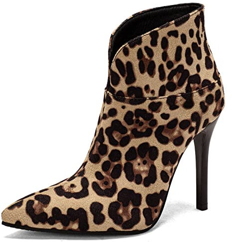 Lroey Reoly Stivaletti da Donna con Tacco a Spillo, Stivali da Festa Eleganti Senza Chiusura Stivali Corti Tacco Alto Appuntito 520 Leopard Numero 34 EU