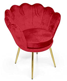 moorg Poltrona in Velluto con Schienale a Conchiglia color Rosso, Poltroncine da Salotto Colorate con Gambe in Metallo color Nero e Oro 69x56x79 cm