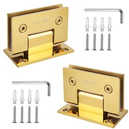 Duschtür-Scharniere aus Edelstahl, 90 Grad, strapazierfähig, gebürstetes Gold, Ersatzteile mit Montagematerial, Badezimmer-Torklemme für 0,95 cm bis 1,27 cm, 2 Stück