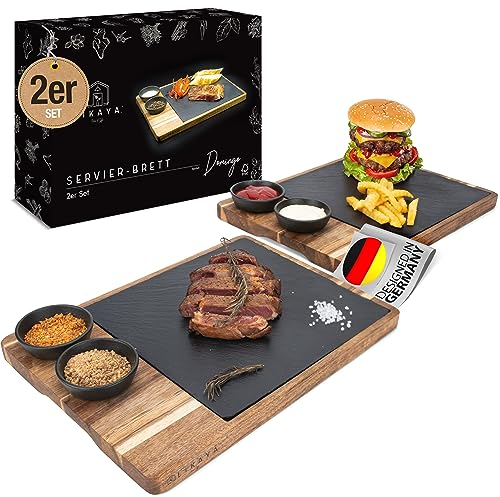 LIKAYA® Servierbrett XXL 2er-Set 'Domingo' – FSC® Akazienholz & Schieferplatte mit Saucenschüsseln | Perfekt als Grillbrett, Steakbrett & Geschenk für Burger, Steak & Sushi