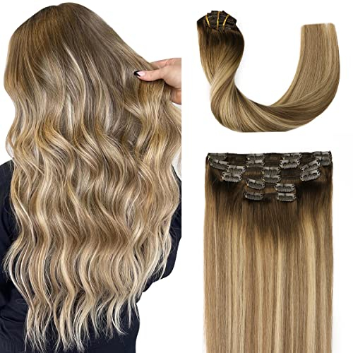 Sindra Echthaar Extensions Clip in Real Human Hair Haarextension Echthaar Balayage 40cm Ombre Walnuss Braun bis Ash Braun and Goldblond Haarverlängerung Glatt 100g 6 Stück C#3/8/22 16 Zoll