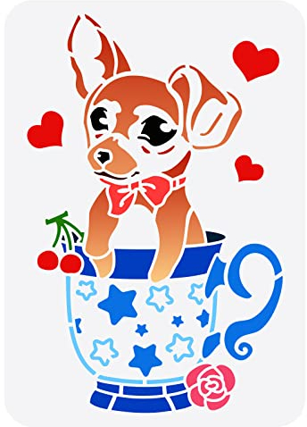 FINGERINSPIRE Teacup Dog Stencil 29.7x21cm Puppy Dog Stencil Plastic Teacup Rose Stars Heart Cherry Pattern Template Reusable DIY Art and Craft Stencils for Wood Art Painting Walls and Crafts