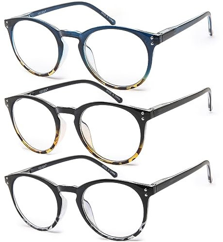 Vecien Reading Glasses 3-Pack Blue Light Blocking Readers, Crystal Lens Give You Ultra Clear Vision,Spring Hinges Pattern Design for Men & Women (1.75)
