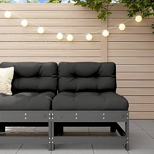 Homgoday Mittelsofa mit Kissen Grau Massivholz Kiefer Sofa Gartensofa Modular Sofa Lounge Loungesofa Einzelsofa Gartensessel Gartenmöbel Garten Lounge Balkon Terrasse