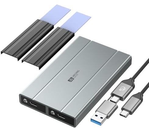 Dual NVMe M.2 SSD Gehäuse mit 10 Gbit/s Übertragung, USB3.2 NVME SATA SSDGehäuse Adapter für 2230 2242 2260 2280 M.2 PCIe NVMe M-Key & M+B Key SSD (werkzeuglos, 2-in-1 Kabel)