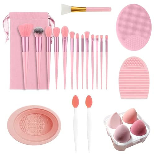 ANBOO 24 PCS Set Pinceaux Maquillages, Rose Pinceaux de Maquillage, Professionnel Makeup Brushes Kit pour Fond de Teint, Poudre, Fard à Joues, avec Trousse de Maquillage
