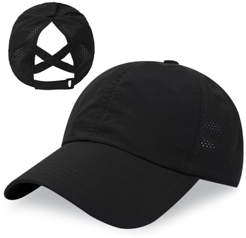 outfit spring Baseball Cap Damen Kappe Sommer Basecap Pferdeschwanz, Verstellbar Frauen Ponytail Cap Baseballmütze Mesh Atmungsaktiv Sonnenhut Freizeit Kappe mit Zopfloch Outdoor Sports Kreuz Schwarz