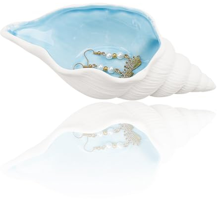 GORGECRAFT Conch Jewelry Dish Tray Sky Blue Ceramic Jewelry Organizer Ocean Style Earrings Necklace Rings Storage Holder Decorative Small Key Bowl Plate for Watch Entryway Table Home Party Decor