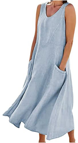 Langes Sommerkleid für Damen, Baumwolle, Leinen, ärmellos, elegant, fließend, Übergröße, locker, bequem, mit Taschen, #02 Hellblau, Klein