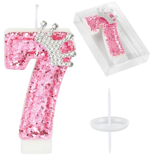 Birthday Number Candles,Pink Crown Birthday Candles for Cake,Glitter Number 7 Candle Cake Topper with Sequins for Girls,Women, Anniversary Celebrations Supplies (Pink 7)