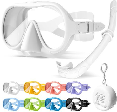 HINATAA Gafas de Buceo para Adultos, Macaron Colores Frameless Gafas y Tubo de Snorkel Set, Vista Ultra Amplia Templado Lente Antifugas Gafas Buceo Set para Snorkel y Buceo (Blanco+Snorkel)