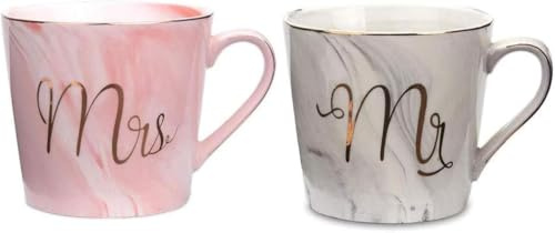  2 Stück Mr und Mrs Tassen Keramik Kaffeetassen Marbling mit goldenen Mustern, perfekt für Kaffee, Tee und Wasser, 400 ml, Geschenk für Hochzeit Valentinstag Jubiläum und Weihnachte (style 3)