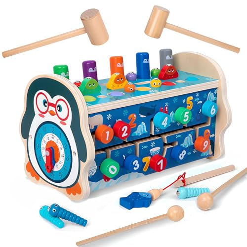 Revanom Educational Toys for 1 Year Old 7 in 1 Wooden Montessori Toys Hammering Pounding Toy with Penguin Game Knocking Exercise Puzzle Toy for Toddlers Kids