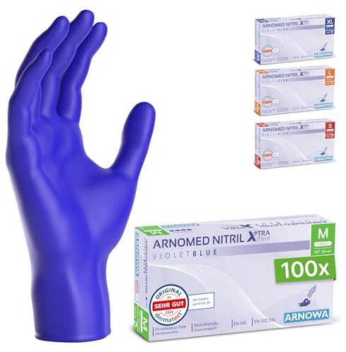 100x ARNOMED® Einweghandschuhe akzeleratorfrei, Nitril Handschuhe M | Einmalhandschuhe hautfreundlich, Nitril Handschuhe Einweg violettblau, allergikerfreundliche Gummihandschuhe puderfrei