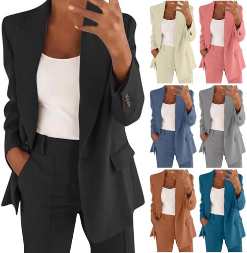Vasreyy Damenmode Anzug DamenEinfarbig Ärmel Überdimensioniert Revers Geschäft Büro Blazer Mit Tasche Damen Lang Tailliert JackeBlazer Elegant Schwarz Jacken Für Mädchen(Black, XXL)