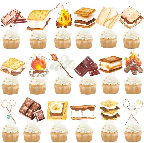 S’more Cupcake Toppers S’mores Party Decorations Camping Themed Baby Shower Cupcake Toppers for Camping Campfire Camper Birthday Baby Shower Party Supplies