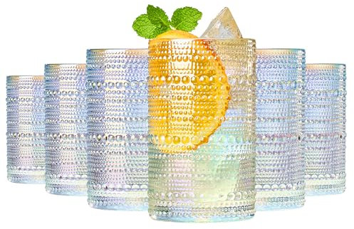Hobnail Beaded Highball Drinking Tumbler Glasses | Set of 6 | Clear, Vintage Bubble Design Whiskey Glassware, Old-Fashioned, Embossed Design, Water, Wine, Cocktail Embossed Heavy Glass, Rocks Glass