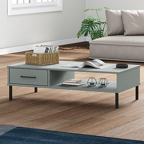Homgoday Couchtisch mit Beinen Metall Grau Massivholz Kiefer Oslo Moderner Couchtisch Couchtisch für Büro Schlafzimmer