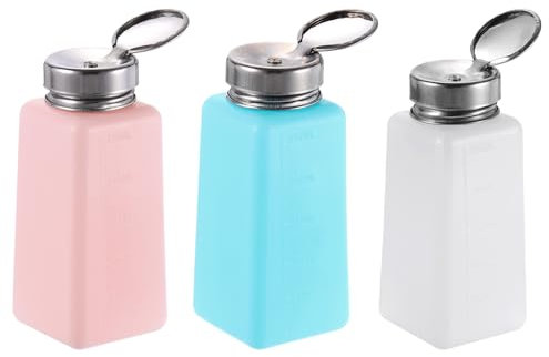 sourcing map 250ML (8.5oz) Push Down Alcohol Dispenser Pump Liquid Press Empty Bottles Refillable Container for Acetone Cleanser Nail Polish Remover, 3 Colors