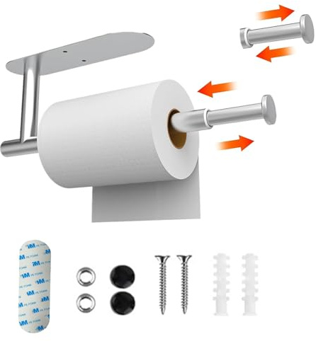 Paper Towel Holder Under Cabinet, Kitchen Roll Holder Under Cabinet, 8.98-15.08 Adjustable Stainless Steel Self Adhesive or Drillin Paper Towel Holder Wall Mounted for Kitchen Cabinet, Bathroom
