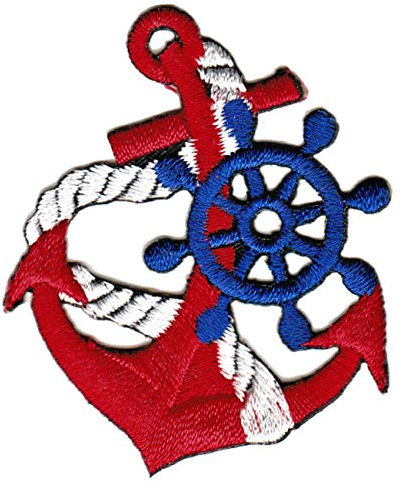 Anker Rot Tau Steuerrad Aufnäher zum aufbügeln oder aufnähen Bügelbild Aufbügler für Kleidung gestickter Bügelpatch Applikation Rockabilly Seefahrt Patch Größe 4,4 x 5,2 cm