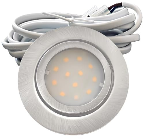 Rolux IP44 Möbel Einbauleuchte Leni 12V flach 1 x 2W LED-Einbaustrahler 55mm Lochausschnitt 160lm Edelstahl geb. inkl. Kabel mit AMP Stecker 3000K Warmweiß