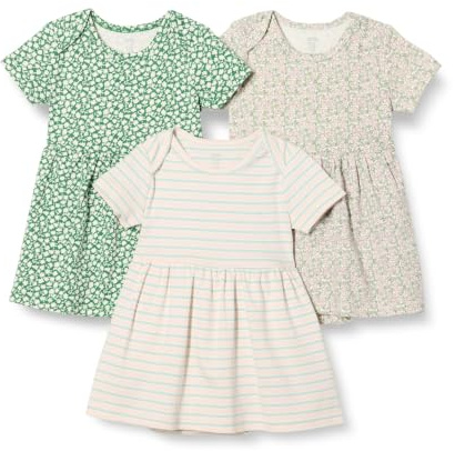 Amazon Essentials Vestido de Punto de Algodón de Manga Corta Bebé-Niñas, Paquete de 3