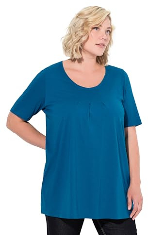 Ulla Popken Damen große Größen Übergrößen Plus Size T-Shirt, Zierfalten, A-Linie, Rundhals, Halbarm, Modal blaugrün 50+ 796473768-50+