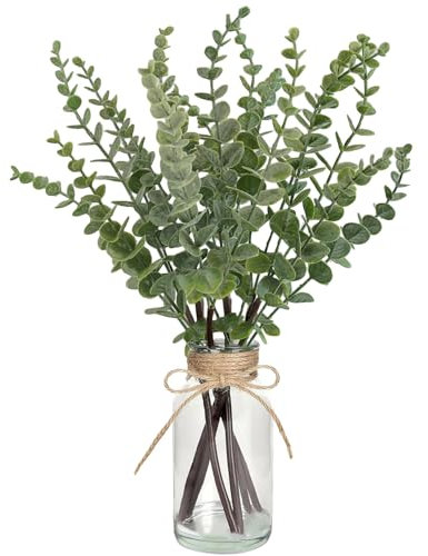YELIKIT Plantas artificiales de ramas de eucalipto en jarrón de vidrio, tallos de plantas falsas de 17.3 pulgadas, tallos de eucalipto sintético para el hogar, oficina, granja, boda, decoración de