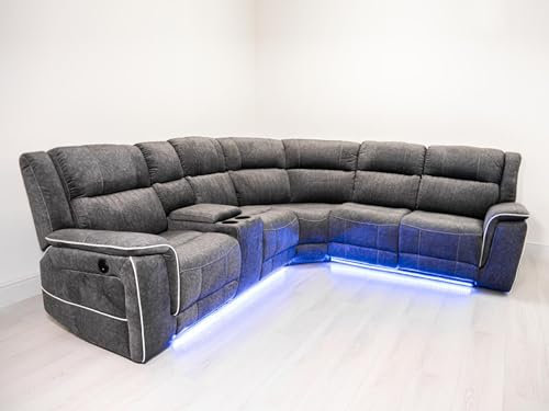 sleepkings Hannan Electric Recliner Corner Sofa - Grey Luxury Micro Fabric with LED Lighting - Power Recliners with USB Ports and Storage Console - Modern Living Room Sectional