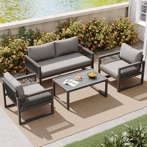Garten-Lounge-Set 4 Sitz – Seilgeflecht Sitzgruppe mit verzinktem Eisenrahmen, wetterfest, Loungesessel mit Sitz- & Rückenkissen, verstellbaren Füßen, Couchtisch mit Glasplatte, Grau