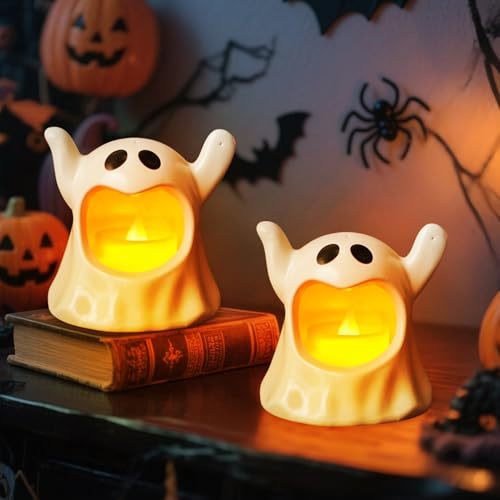 Halloween Deko LED Kerzen, Teelichter LED Geister, Halloween Kerzen Flammenlose, Leuchtende Geister Deko Windlicht, Halloweendeko Laterne,Kerze Teelicht für Tischdeko Party Dekoration Innen Außen (B)