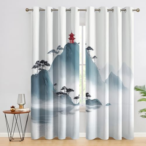 Generisch Vorhänge Tuschemalerei, Vorhang Blickdicht Chinesisch Asiatisch Oriental für Schlafzimmer, Verdunklungsvorhänge mit Ösen, Gardinen Wohnzimmer Deko, H175 X B140 cm, 2er Set X&-14
