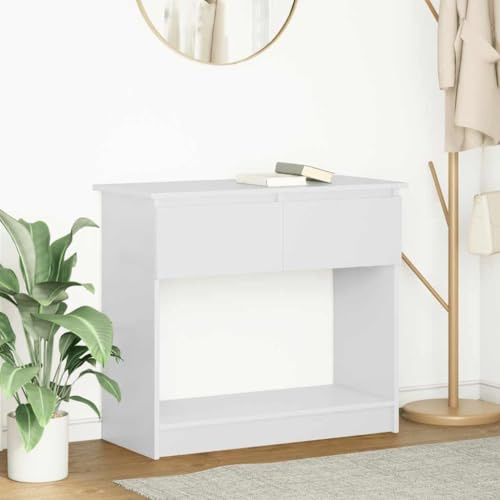 QUAHEAS Console avec 2 tiroirs pour entrée, 85,5 x 38,5 x 74,5 cm, design moderne, meuble en bois blanc