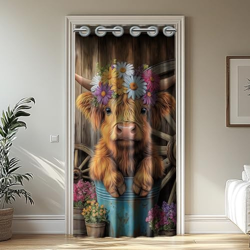 CHGCRAFT Home Door Curtain Cute Highland Cattle Doorway Curtain Daisies Room Divider Curtains Flowers Folding Doors Curtains For Home Restaurant Door Decor, 78x39 Inch