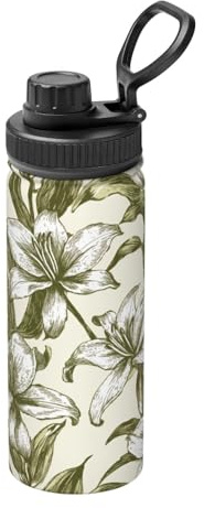 Borraccia sportiva vintage con gigli verde oliva, 510 ml, in acciaio inox, isolata, a prova di perdite, fiaschetta calda e fredda, tazza da viaggio per escursionismo e ciclismo