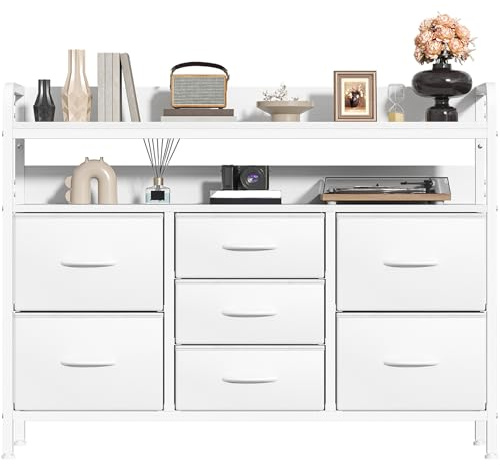 Feonase 7-Drawer Fabric Chest Of Drawers for Bedroom - 4 Large and 3 Small Drawers with Handles, Storage Organizer with Open Shelf & Sturdy Metal Frame, Ideal for Living Room/Entryway (White)