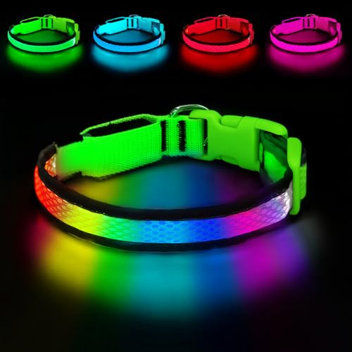 PWOD LED-Hundehalsband, beleuchtetes Hundehalsband USB wiederaufladbar, Nylon verstellbar bequem weich hell RGB 7 Farben wechselnde Sicherheitslicht leuchtendes Halsband für mittelgroße und große