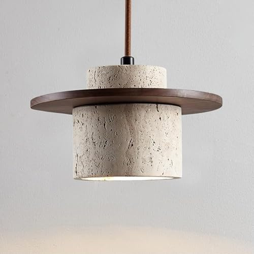 Yuelux Moderne Pendelleuchte aus Naturstein, Gelber Travertin & Massivholz Design, Höhenverstellbare E27 Hängeleuchte für Kücheninsel und Esstisch, Wohnzimmer, Esszimmer, Schlafzimmer (Walnussholz)