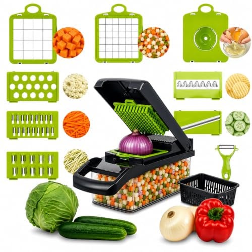Mandolina Cocina 16 en 1 - Picadora Manual - Cortador Verduras y Patatas - Rallador Multifunción con Contenedor Integrado - Accesorios Incluidos para Preparación Doméstica