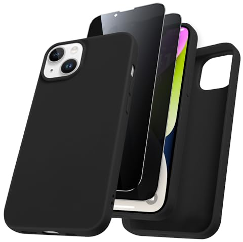 Niokfrci Coque pour iPhone 15 avec 2 Verre Trempé Anti-Espion Protection Écran, Etui Antichoc Mince Souple Silicone TPU au Toucher Soyeux, Anti-Rayures Protection Complète Housse pour iPhone 15, Noir