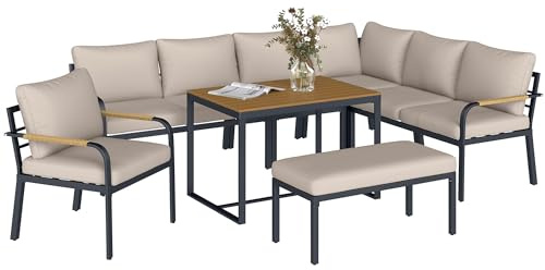 Outsunny Salon de Jardin 7 Pièces - Ensemble Canapé d'angle Extérieur Modulable avec Table en WPC et Pouf - Mobilier de Terrasse avec Coussins Épais et Accoudoirs en Résine Tressée, Beige et Gris
