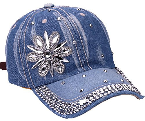Bling Baseball Cap Frauen Spitze Blume Strass Denim Jeans Snapback Hip Hop Hut - Blau - Einheitsgröße