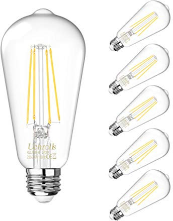 Uchrolls Vintage Edison Light Bulb ST58, E27 Base,6W (Equivalent to 60W),Warm White,2700K,800lm,Filament Clear LED Bulb, Non-dimmable,Pack of 5